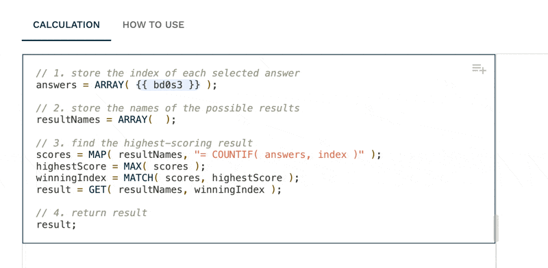 Animated GIF of the calculation editor. Continuing from the previous GIF, four more questions are piped into the array, each separated by commas.