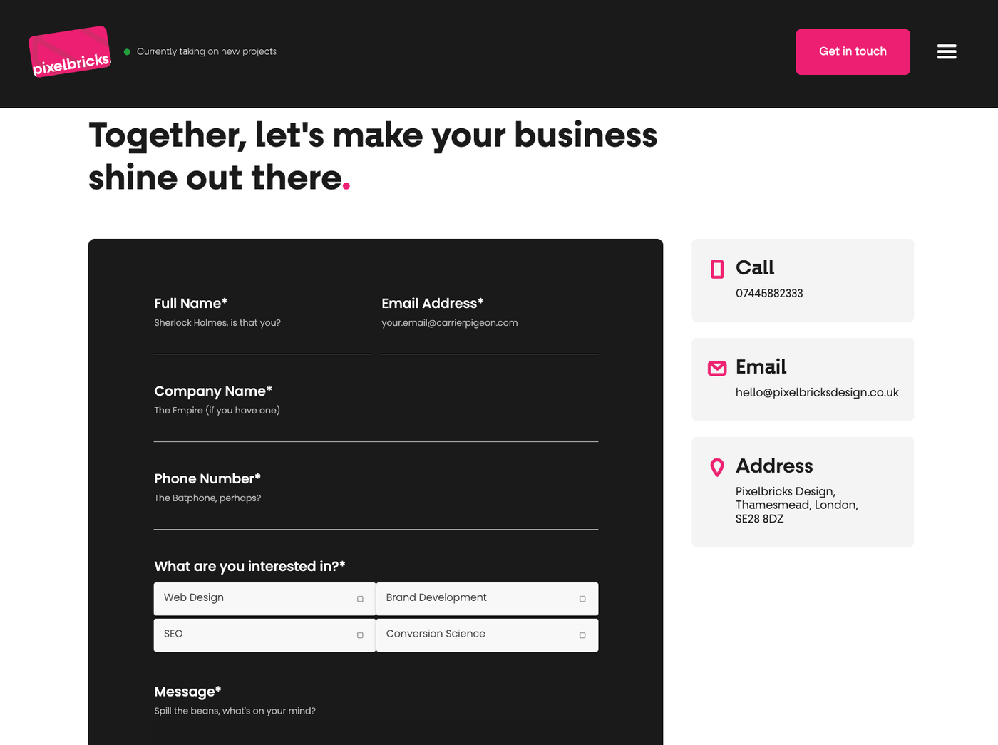 Pixelbricks homepage form