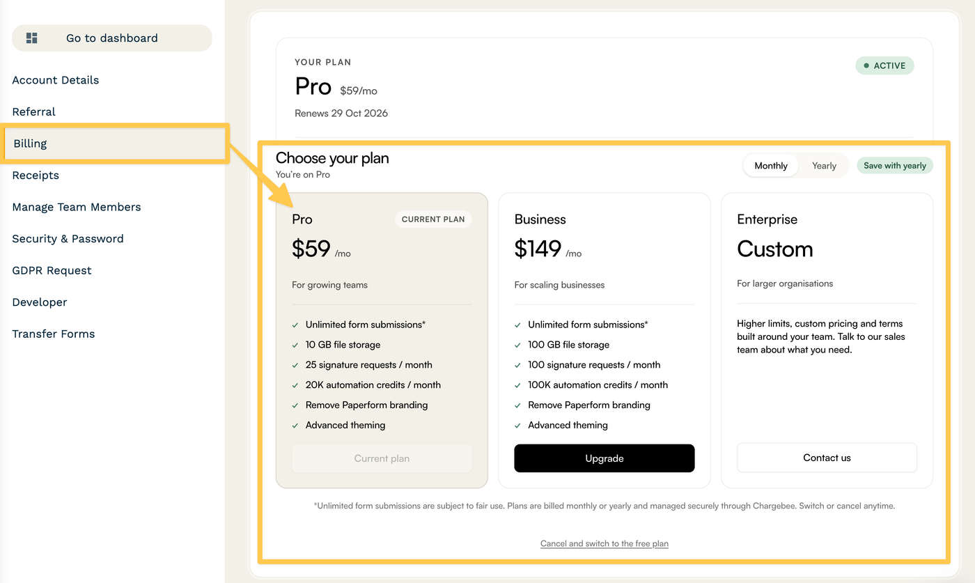Choosing a new plan from the Billing Page on the Paperform Platform.