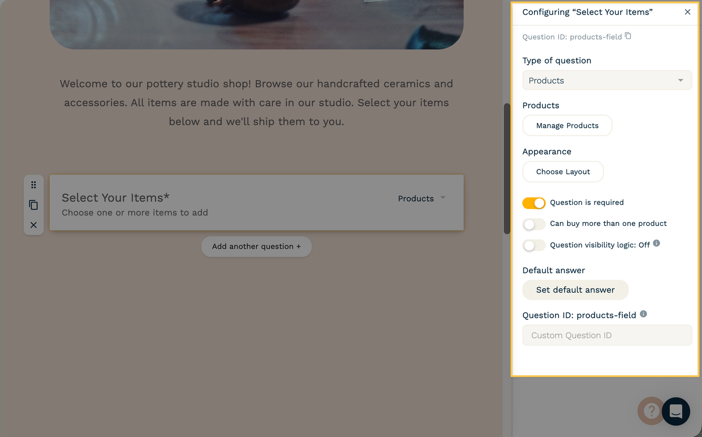 Screenshot of Products Field configuration