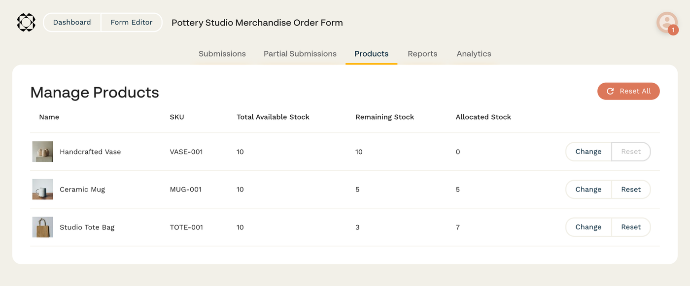 Products Dashboard showing sold Allocated Stock and Remaining Stock.