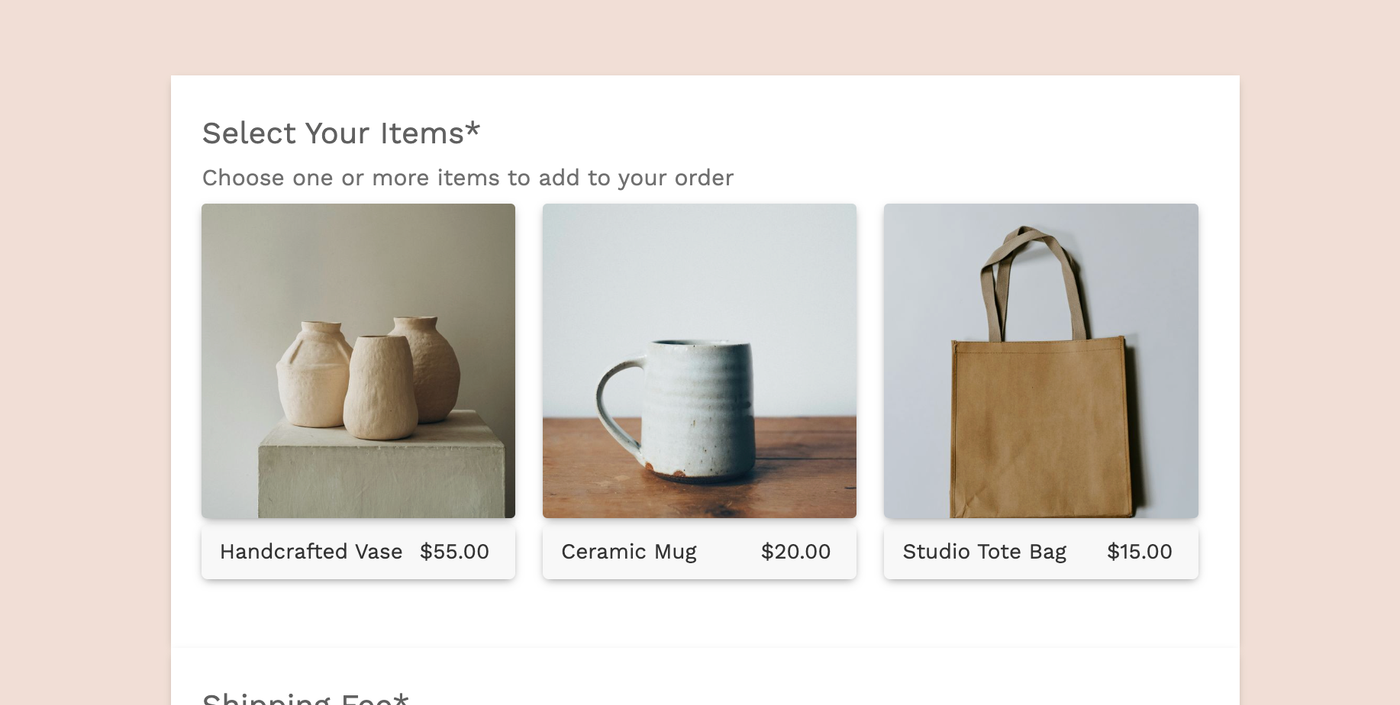 Products field in gallery view on live form.