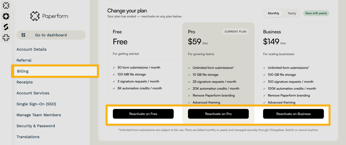 Selecting a new subscripion tier
