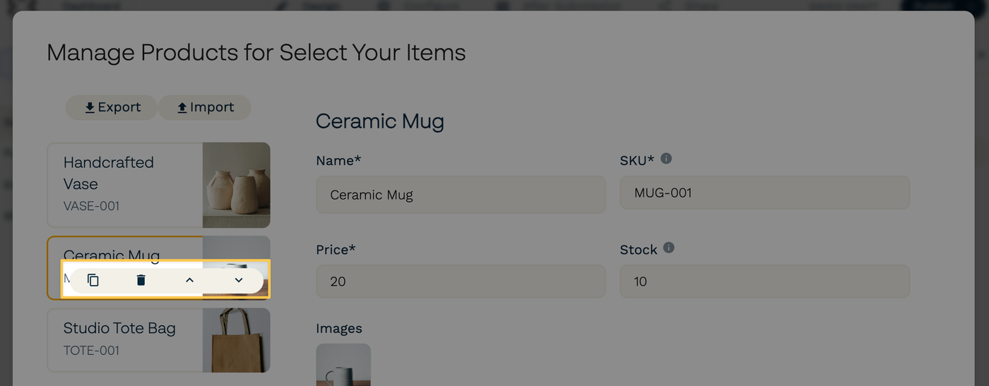 Control buttons to change the order of products.