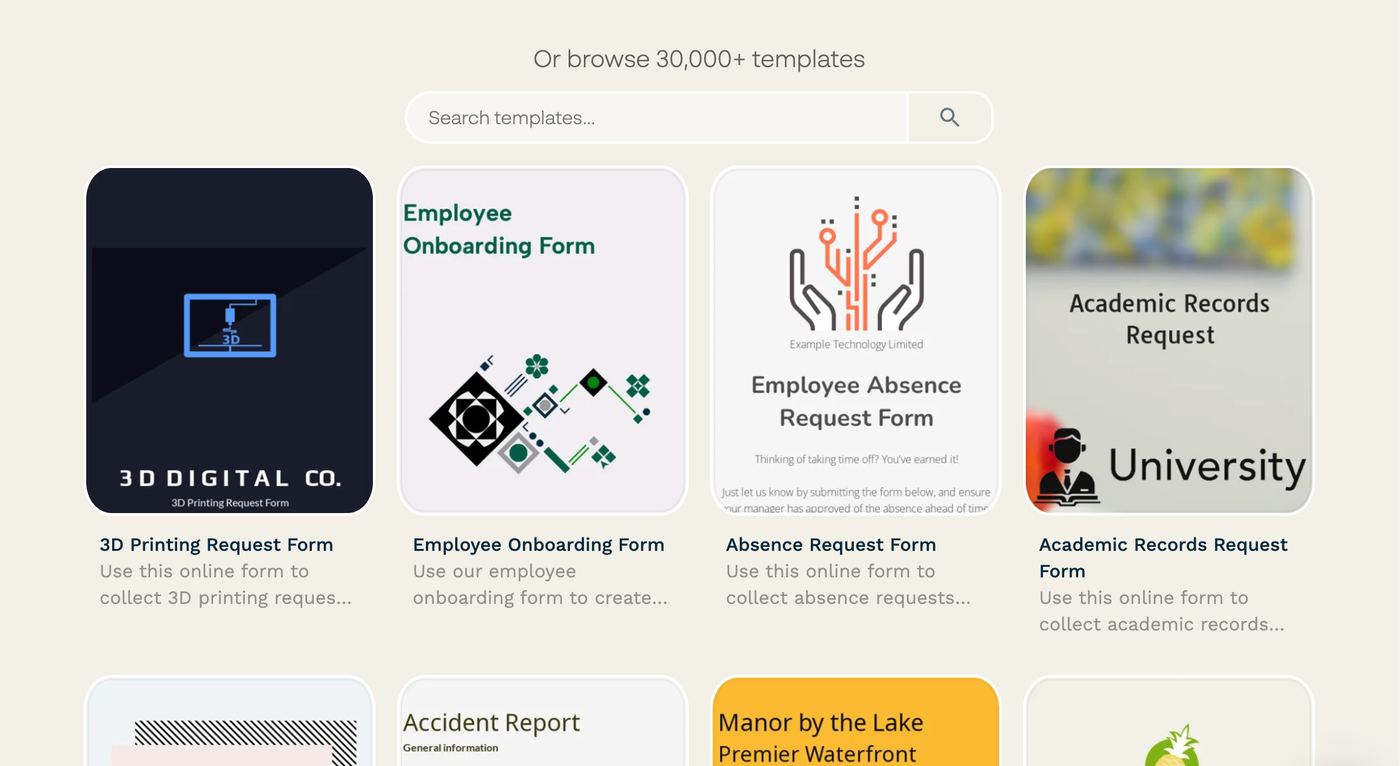 The section below the AI form creation options starts with the heading "Or browse 30,000+ templates," followed by a search bar, and some example templates to select from.