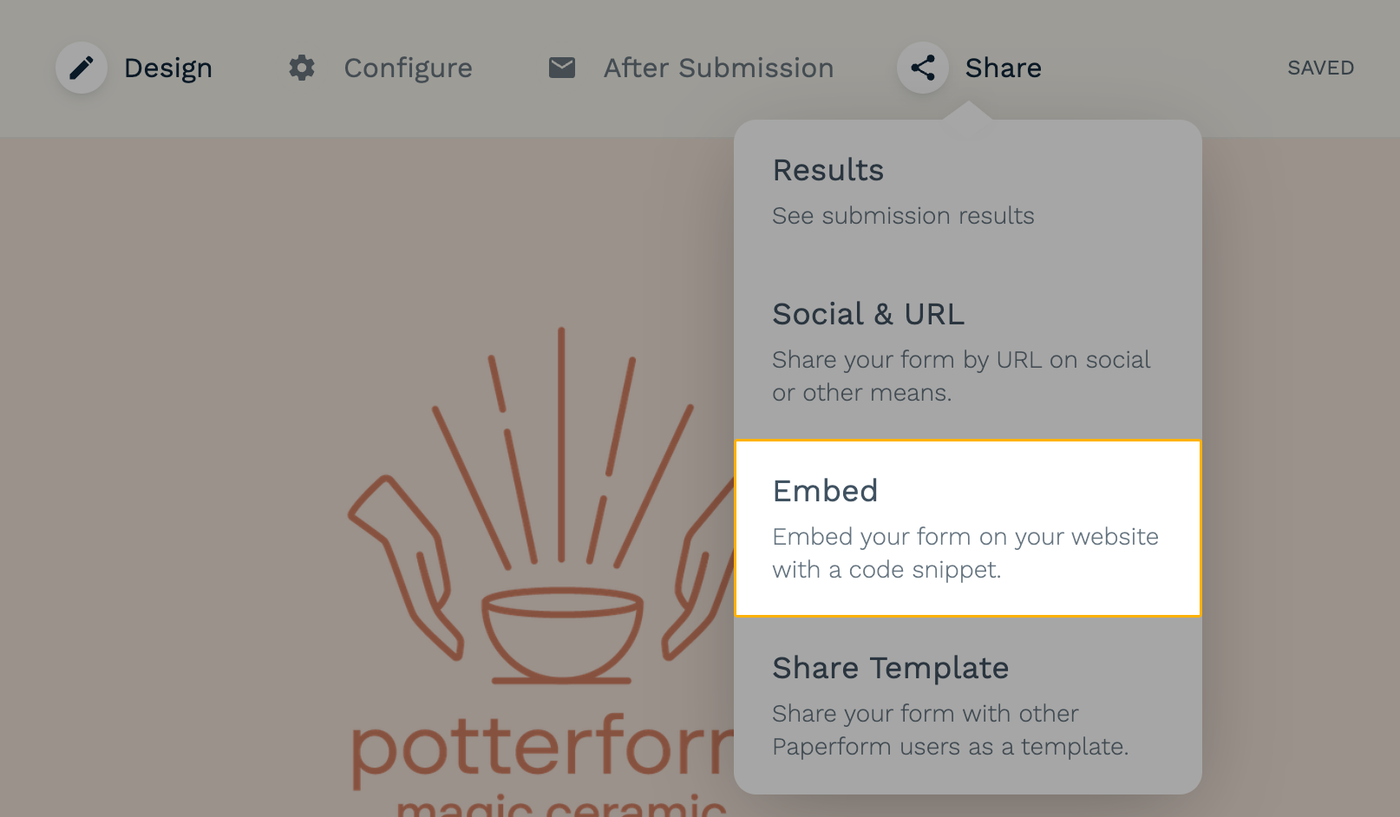 Screenshot of the Embed option from the Share drop-down menu