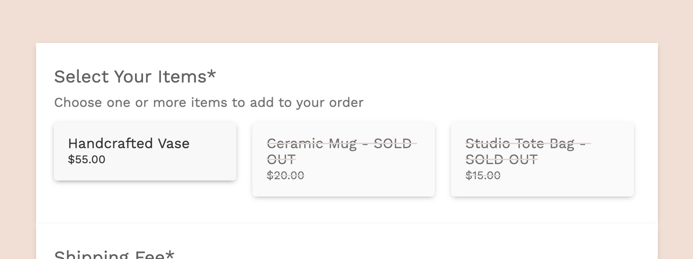 Form showing a product marked as SOLD OUT