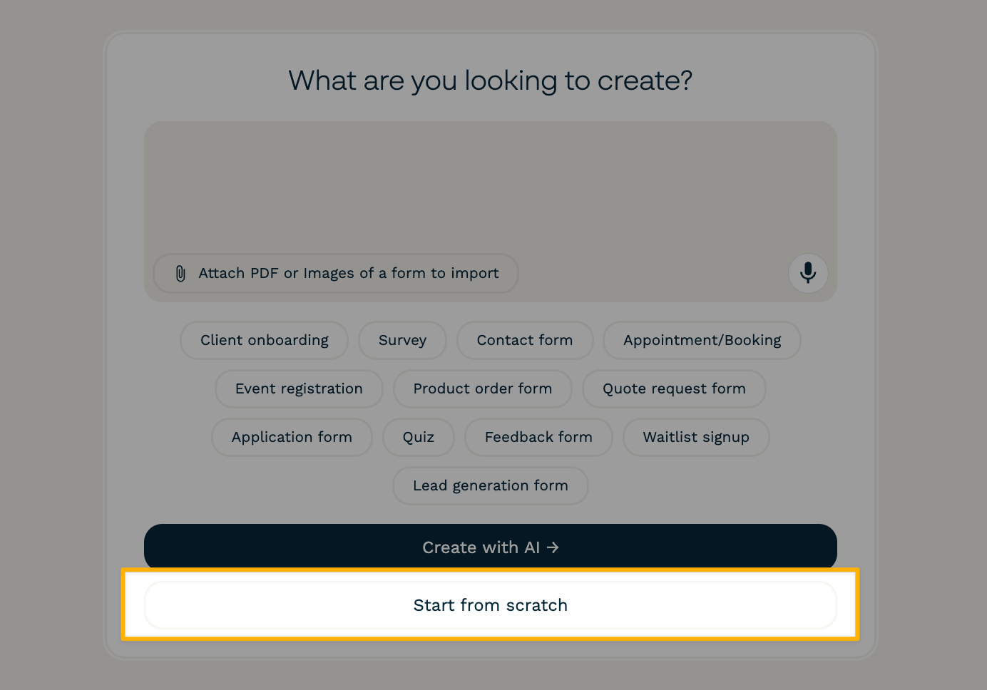 The "Start from scratch" button, right beneath the AI form creation options.