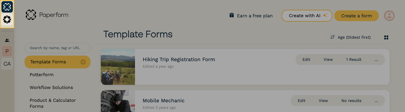 Screenshot of the Paperform dashboard, with the Paperform and Papersign buttons highlighted in the top-left corner.