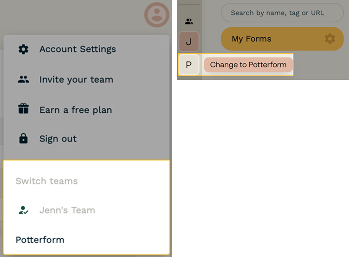 Screenshot of switching teams options: The accounts menu is on the left, initials option is on the right.