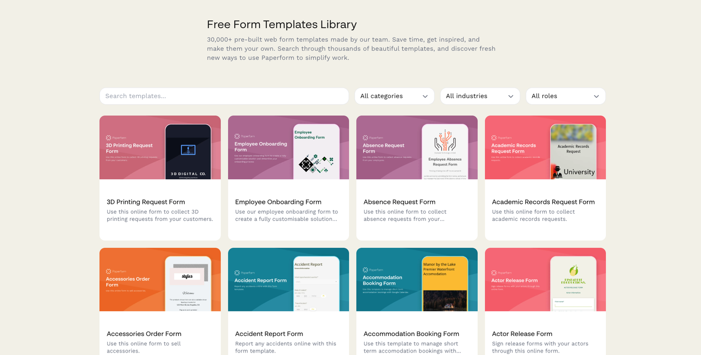 Screenshot of the templates page. The search bar includes dropdown filters for categories, industries, and roles.