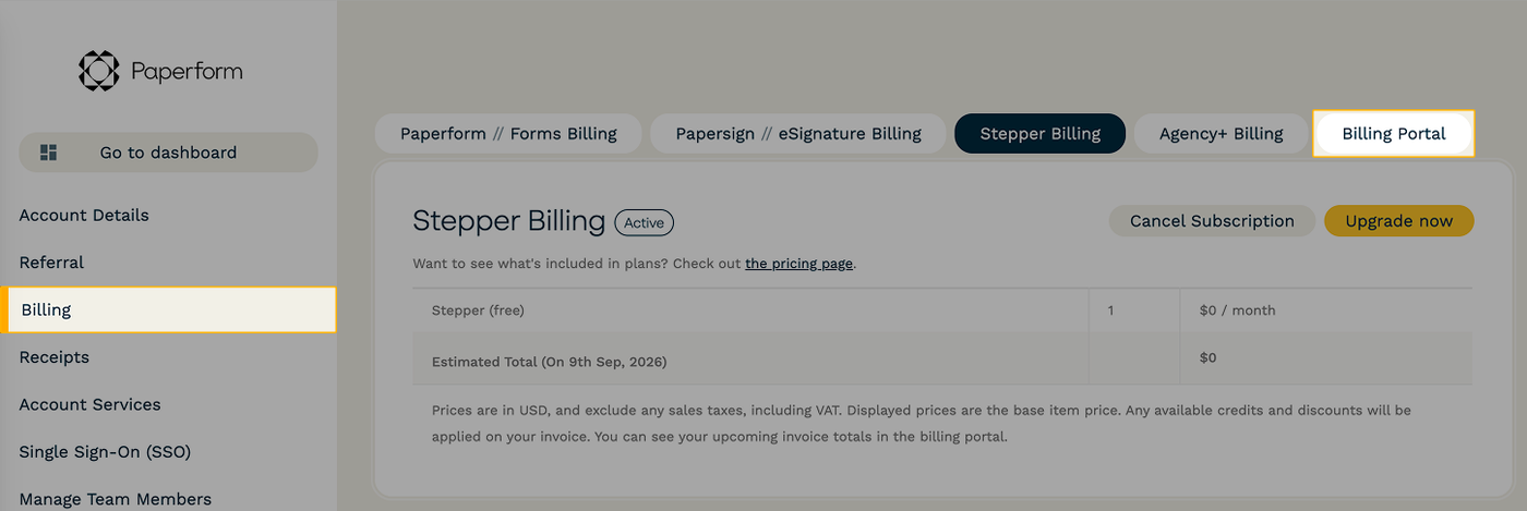 Manage your payment information by clicking Billing Portal in your account billing settings.