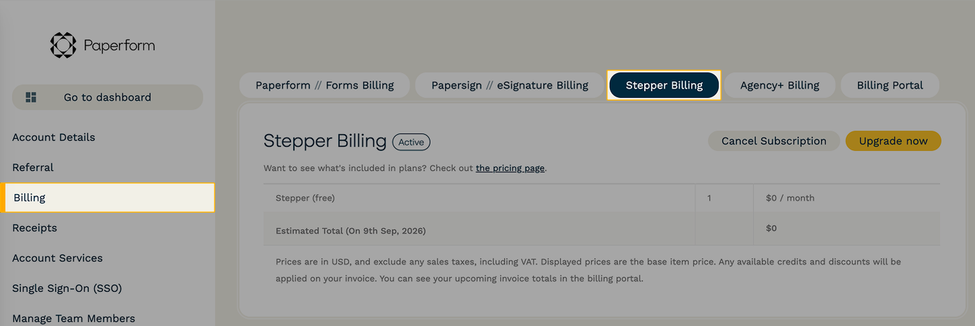 Change your Stepper plan by clicking Stepper Billing in your account billing settings.