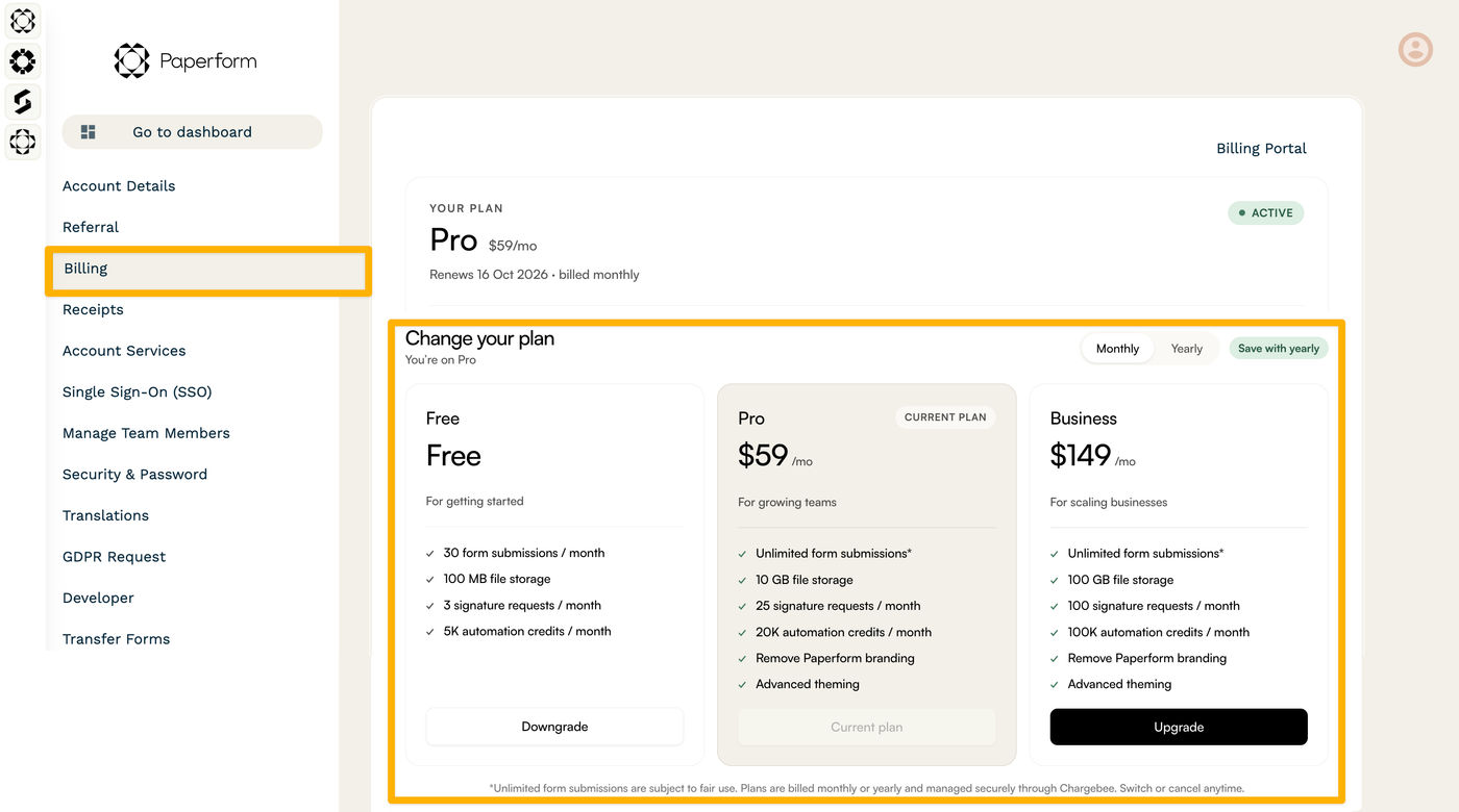 Switching plans on the platform billing page. 