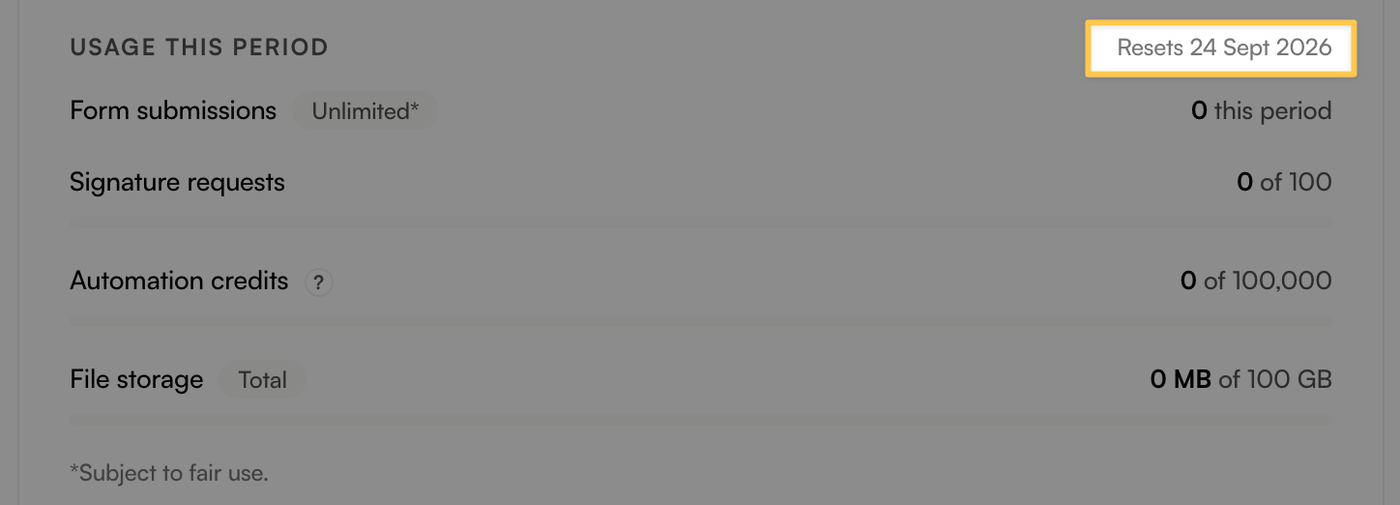 Screenshot showing the Billing page highlighting the usage period renewal/reset date. 