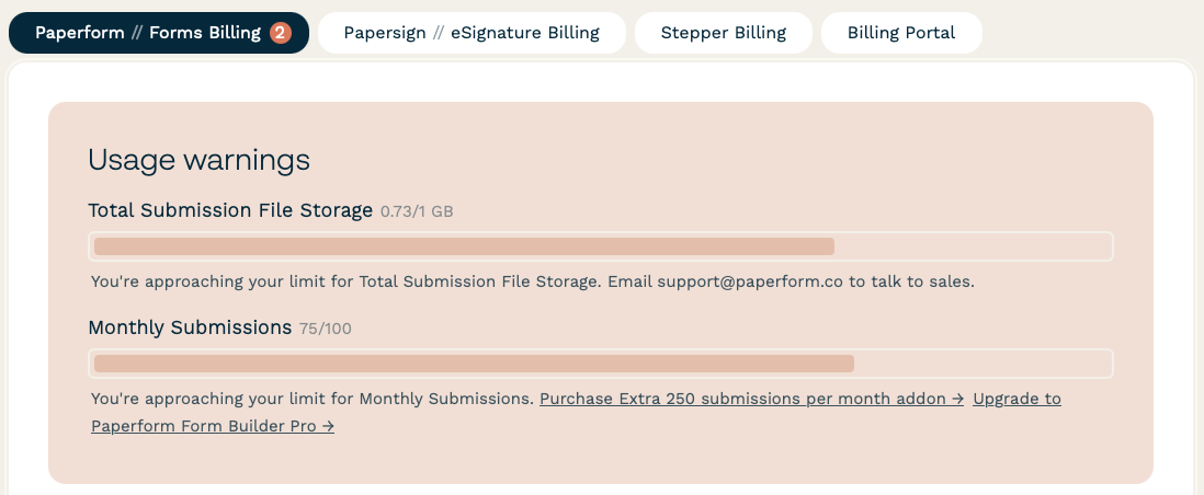 Visual example of total submission file storage and monthly submissions usage warnings.