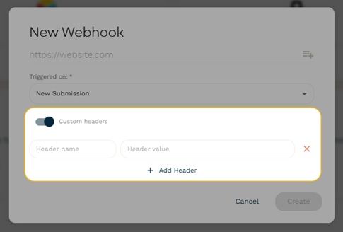 An image of the new webhook modal, highlighting the Custom Headers section and relevant controls