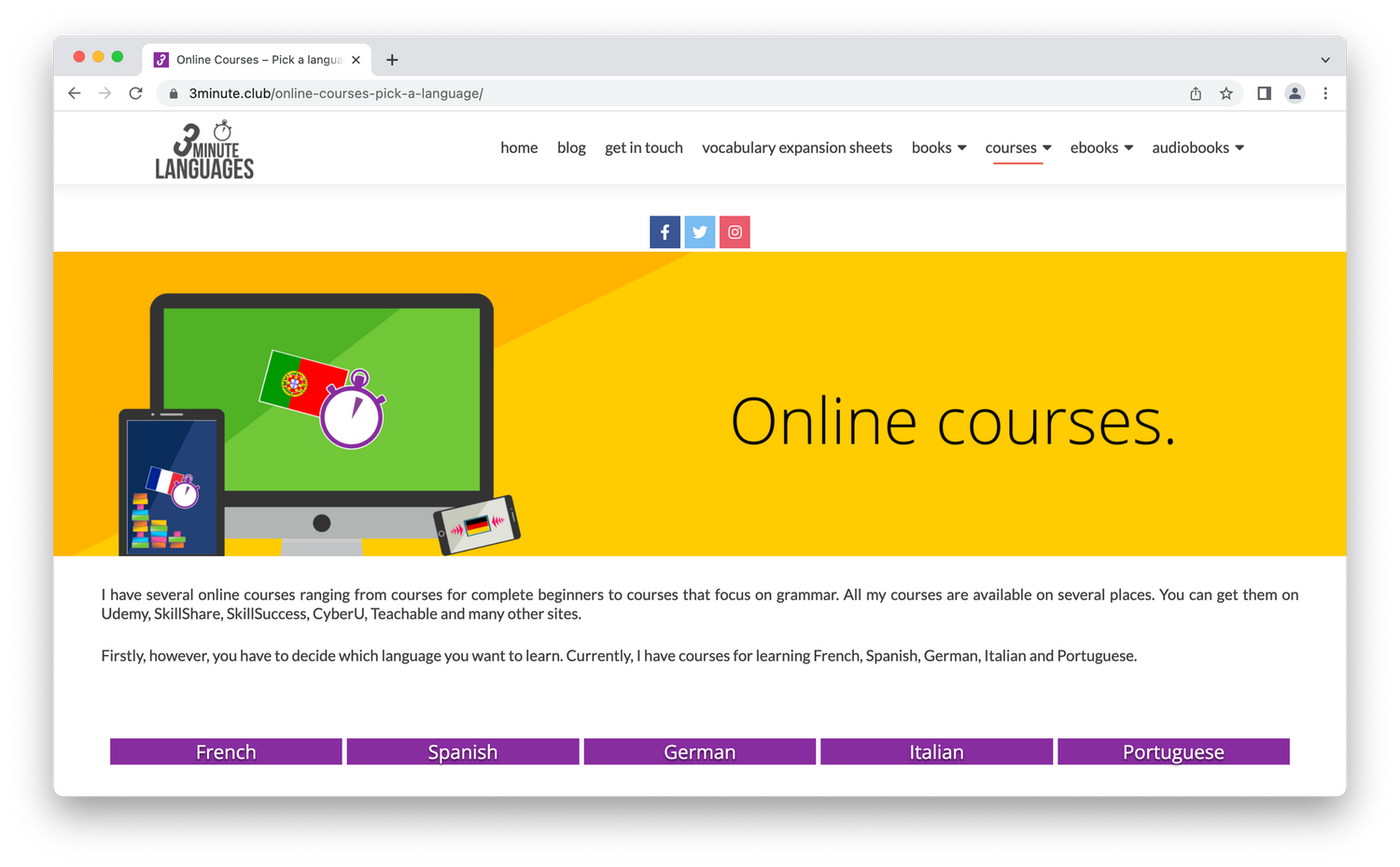 3 minute language homepage, computer on yellow background