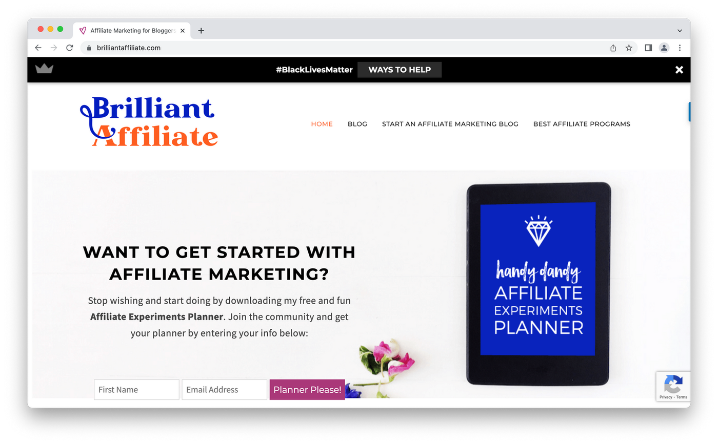 Brilliant Affiliate homepage, tablet on white background