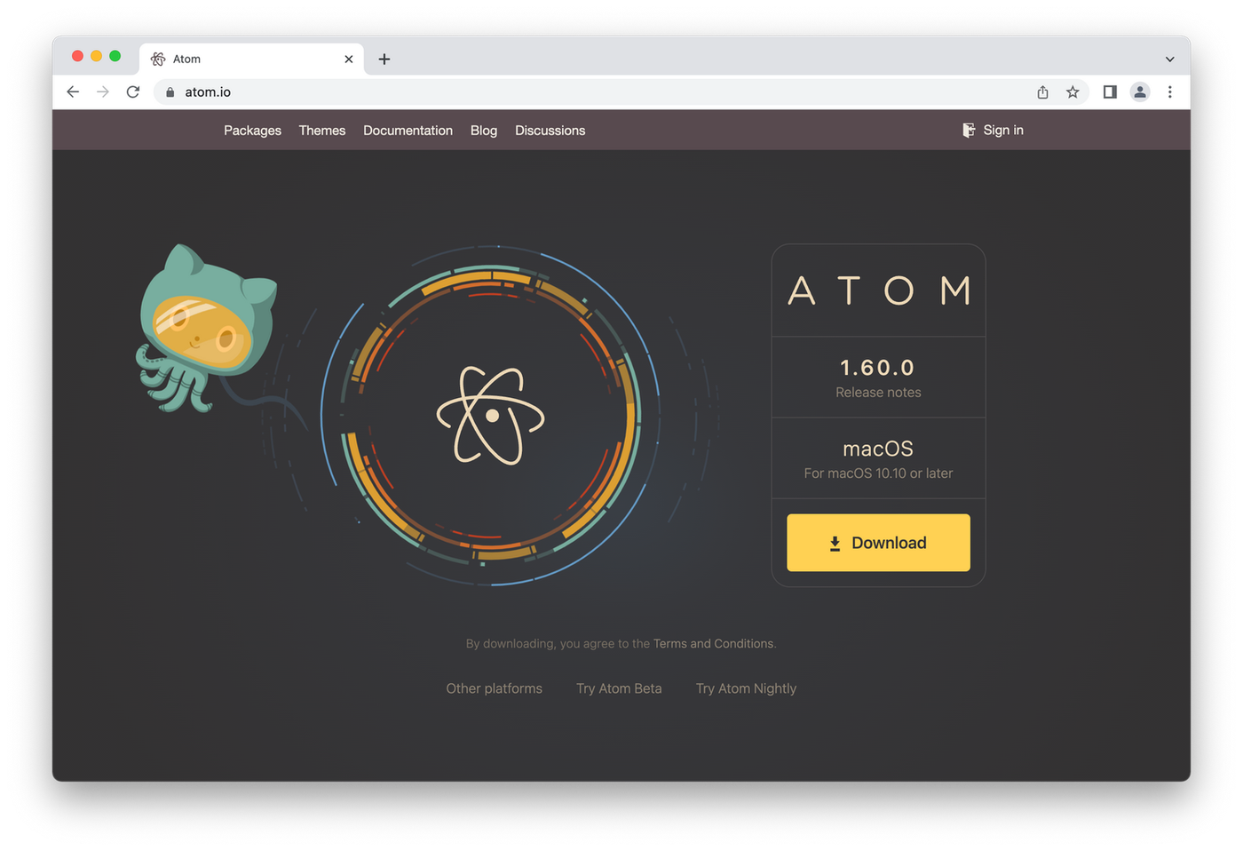 homepage of Atom, molecule on black background