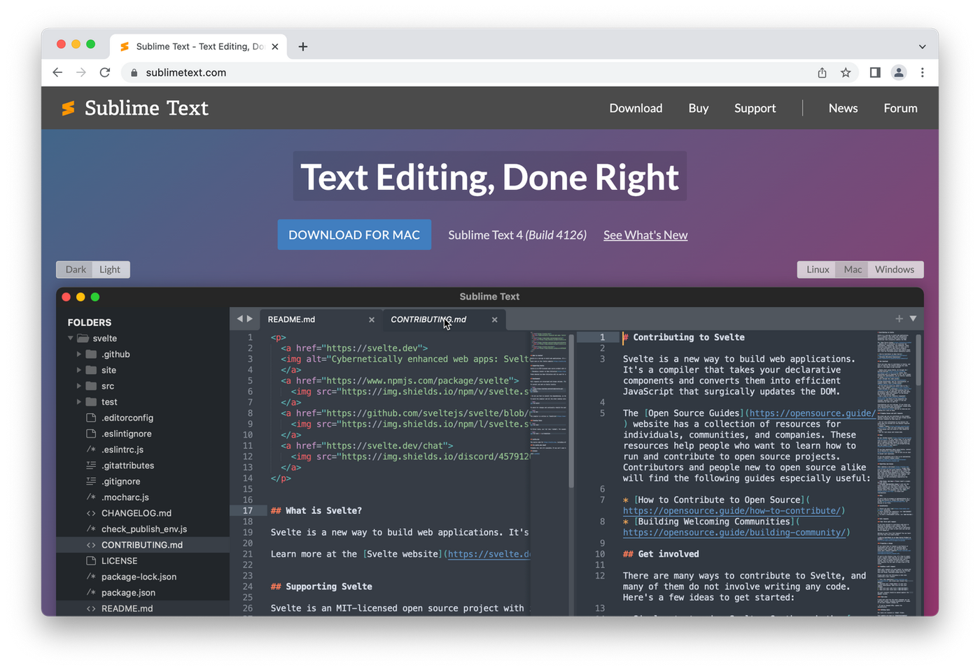 Sublime homepage, code on dark background