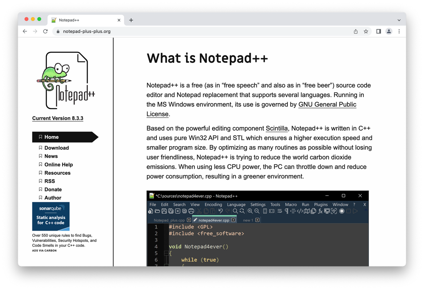 Notepad++ homepage, coding on white background