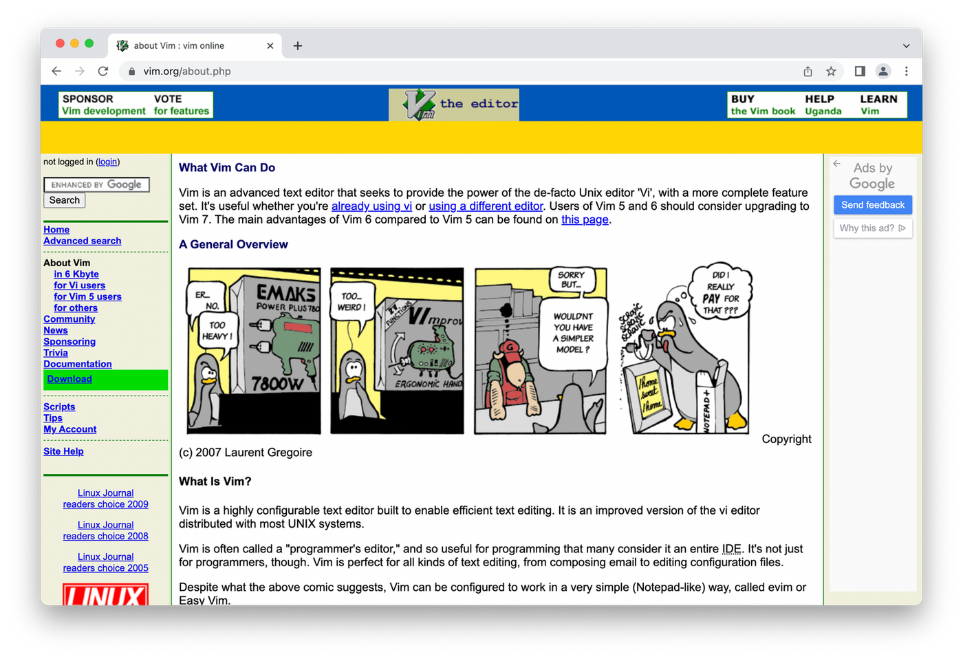 Vim homepage, comic with text on simple background