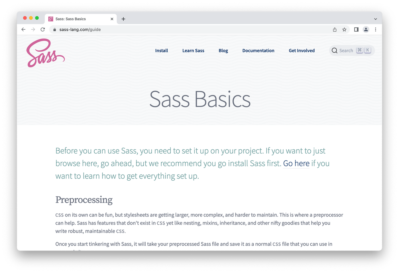 Homepage for Sass, green and black lettering on white background