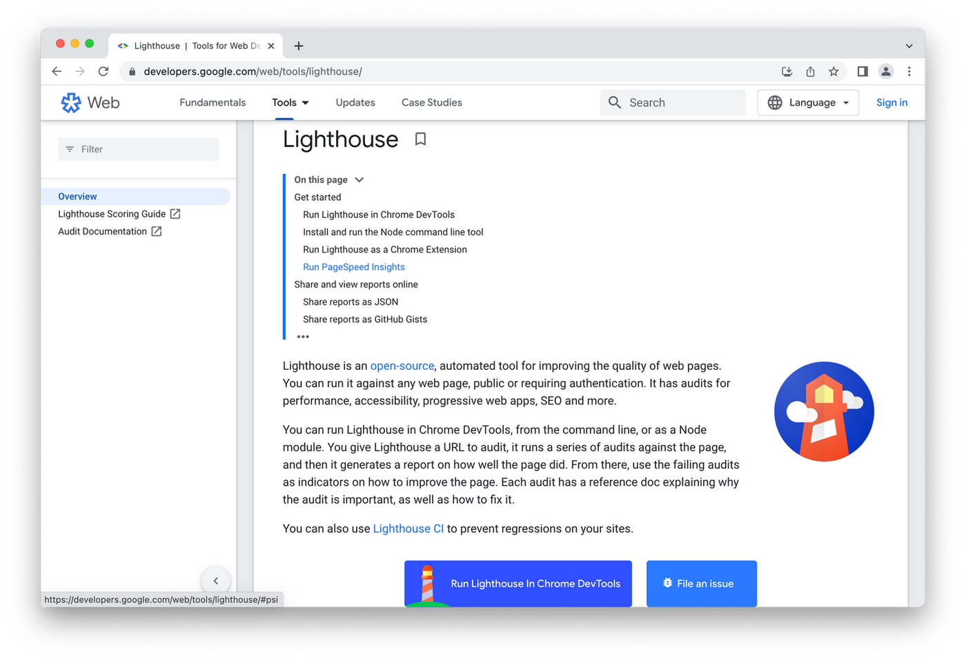 Guide page for Google Lighthouse featuring orange lighthouse logo