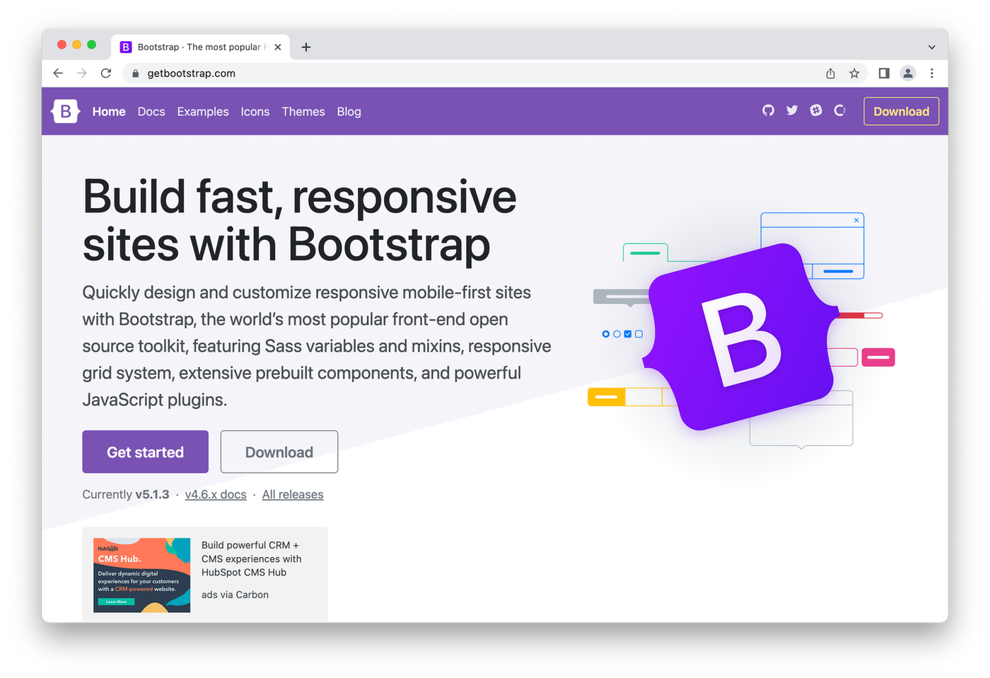 Bootstrap homepage, purple B logo on white background