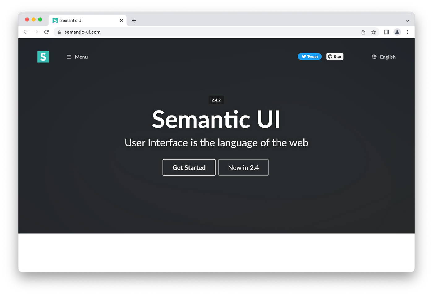 Semantic UI's homepage, simple white text on black background