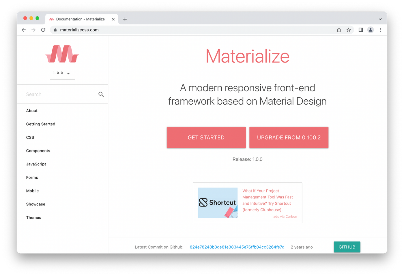 Materialize homepage, salmon lettering and M logo on white background