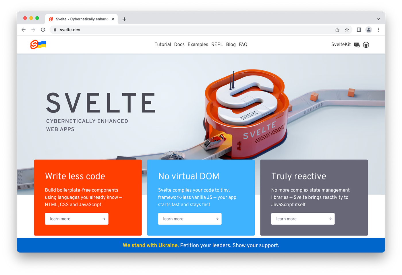 Svelte homepage, orange logo on grey conveyer belt