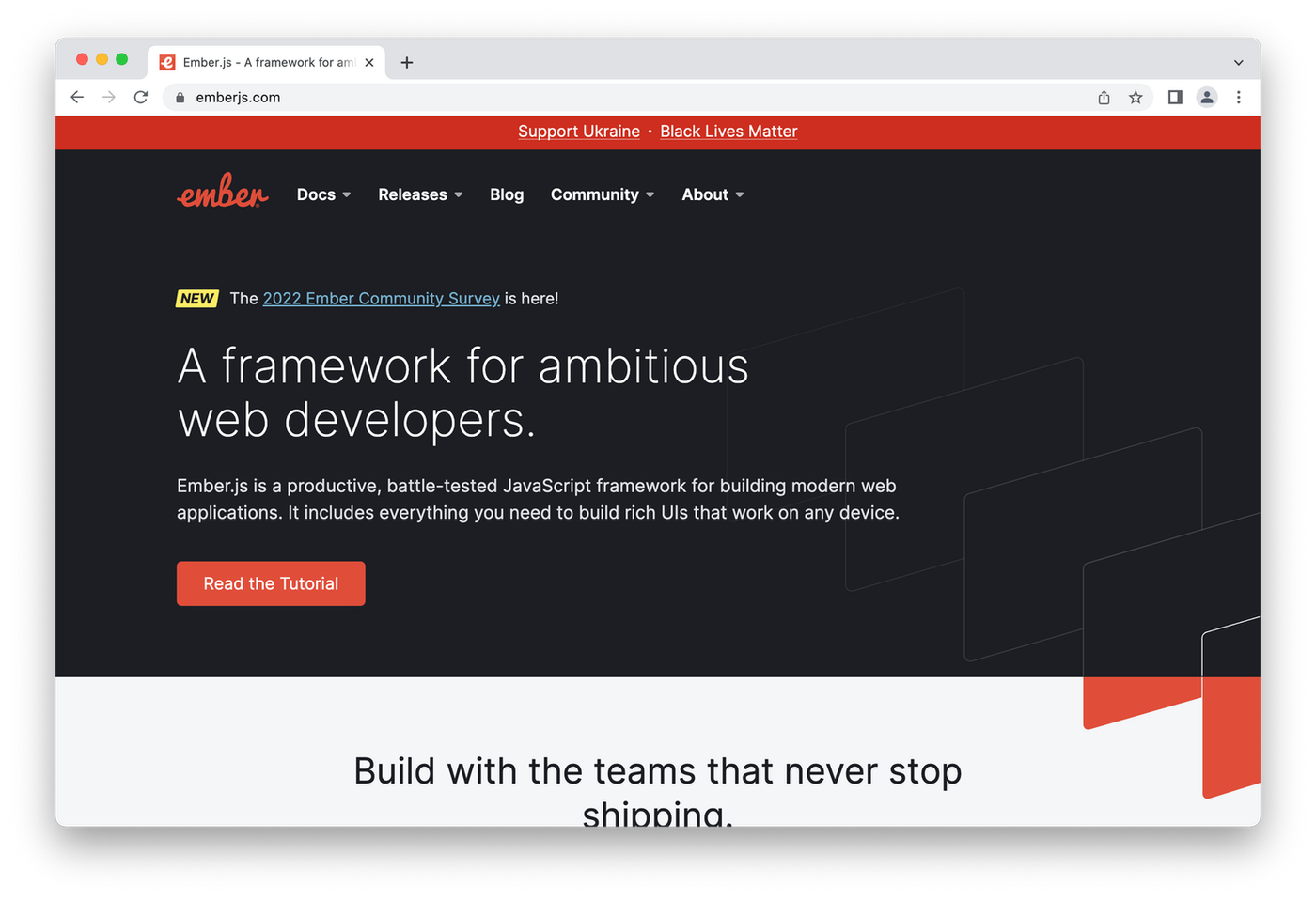 Ember homepage, white and red lettering on black background