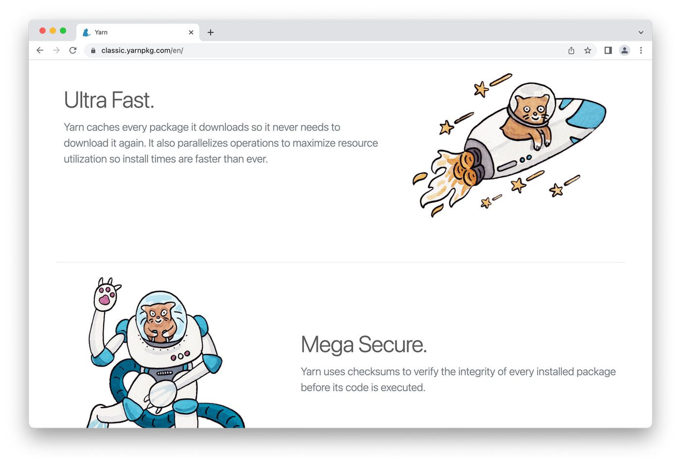 Yarn homepage, cartoon cat in rocketship