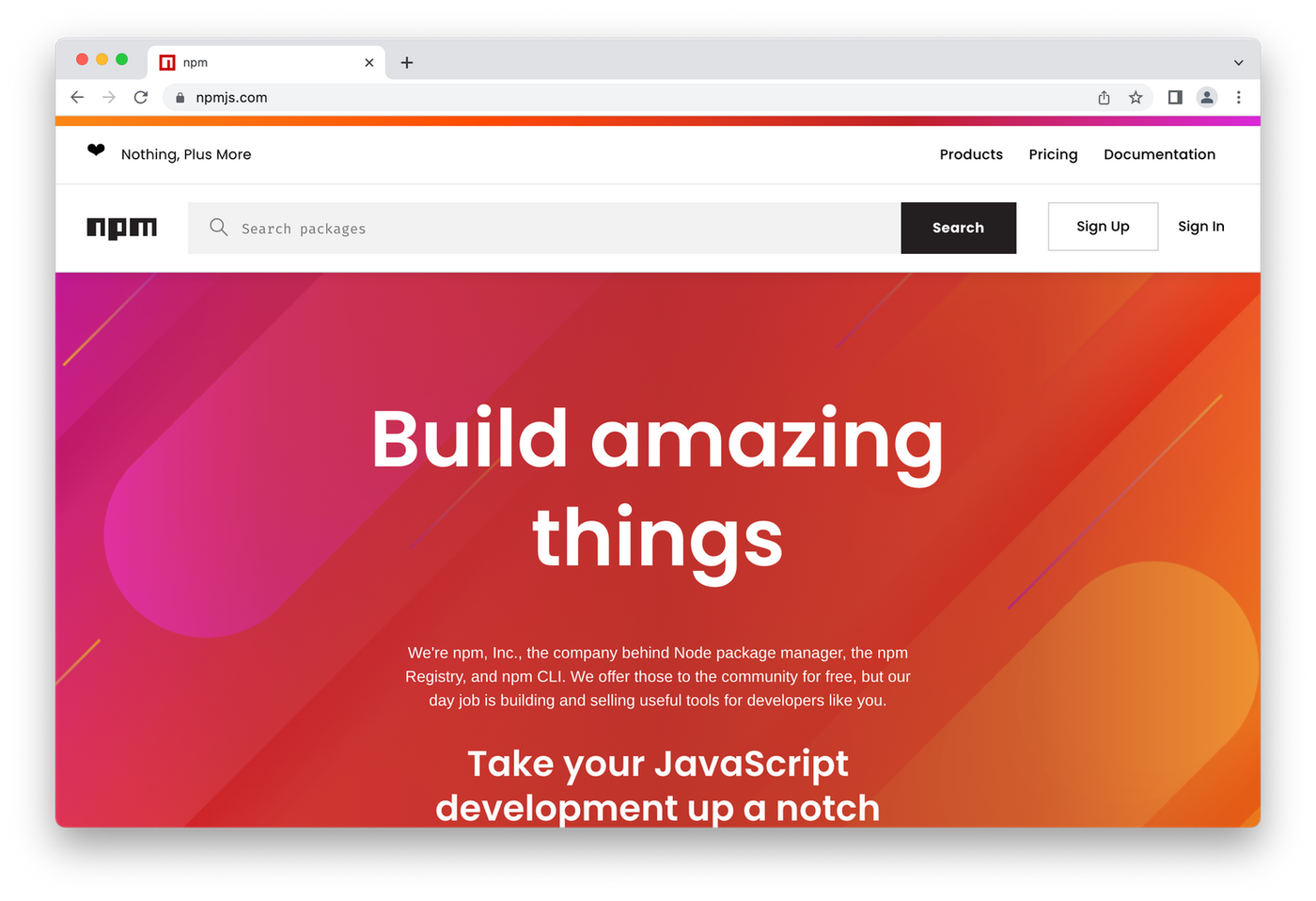 NPM homepage, white lettering on red and orange background