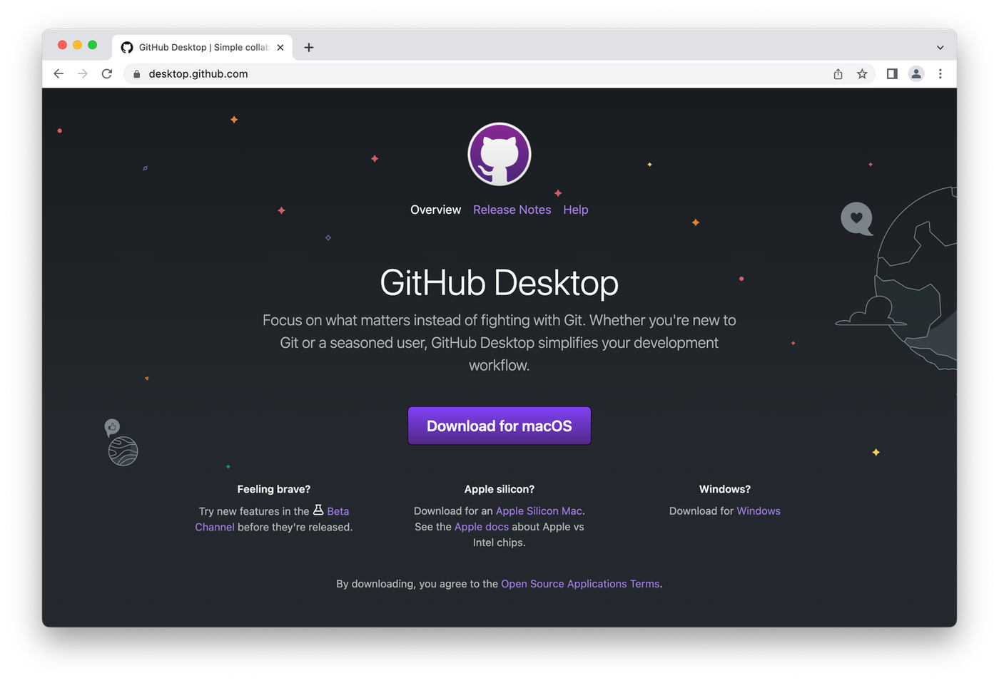 Github Desktop homepage, purple kitten logo on night sky background