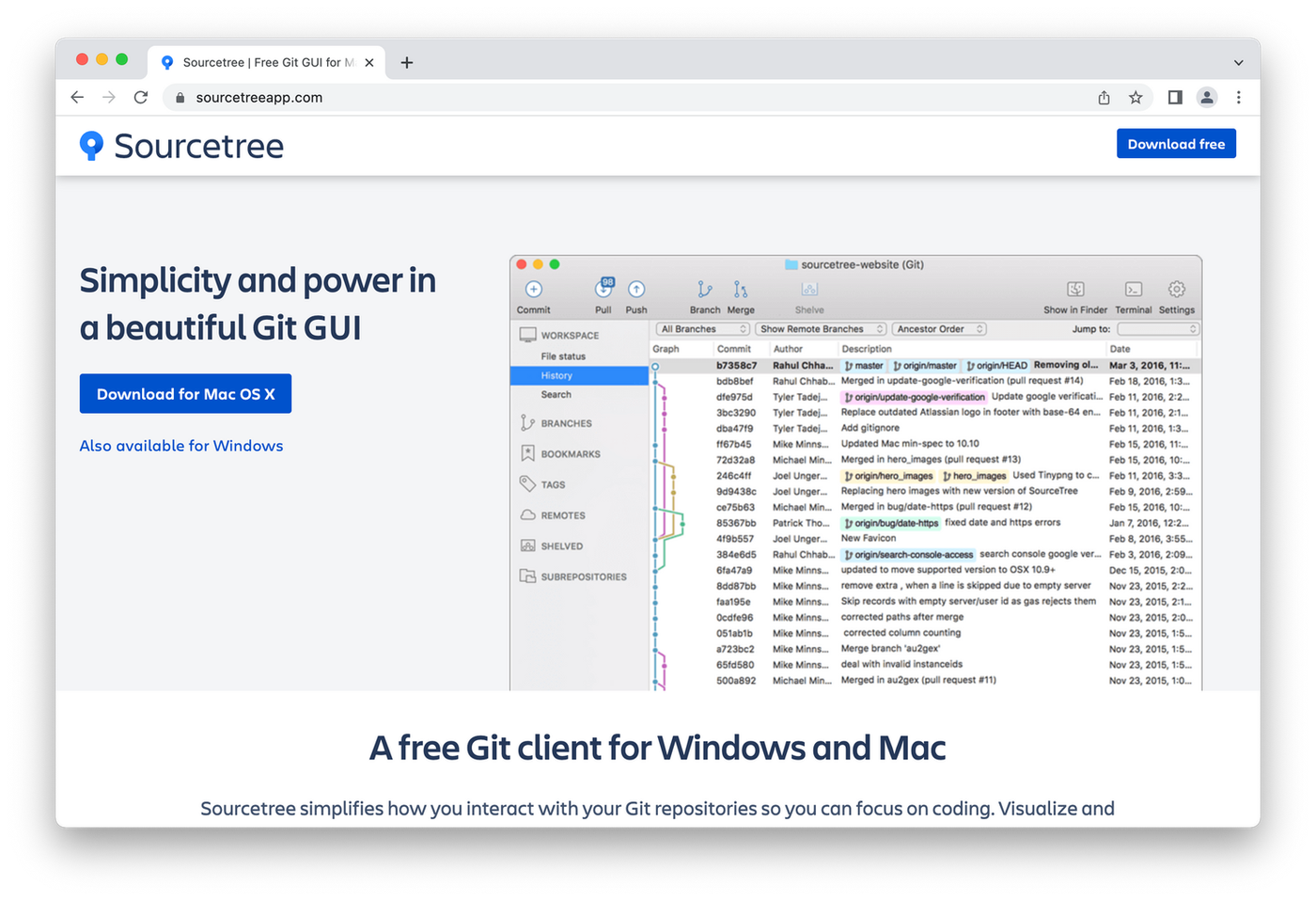 SourceTree homepage, coding screenshot on white background