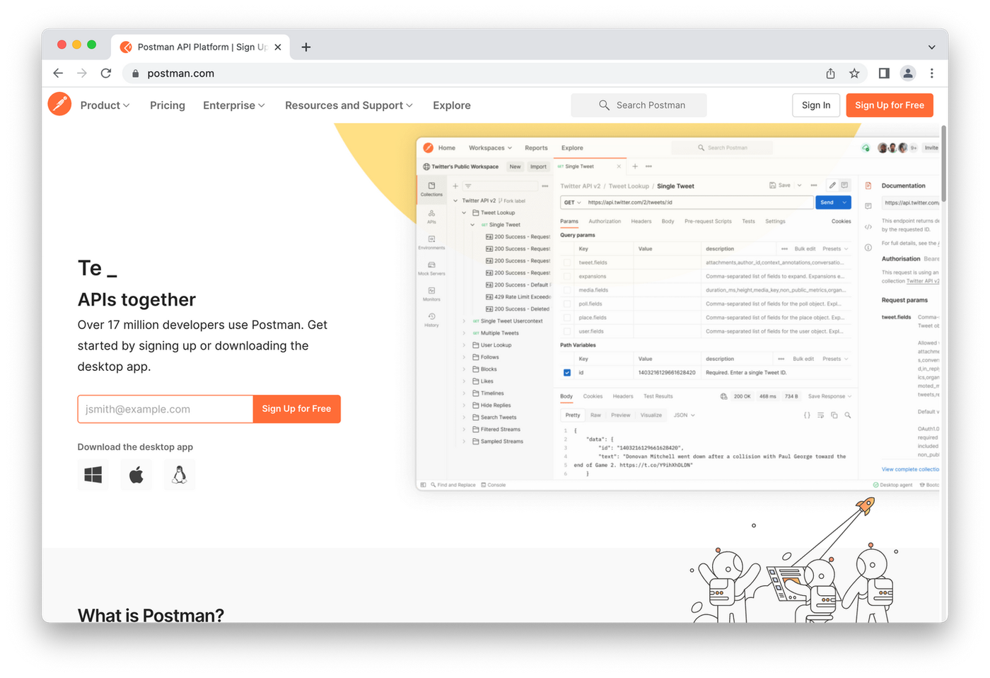Postman homepage, cartoon astronauts on white and orange background