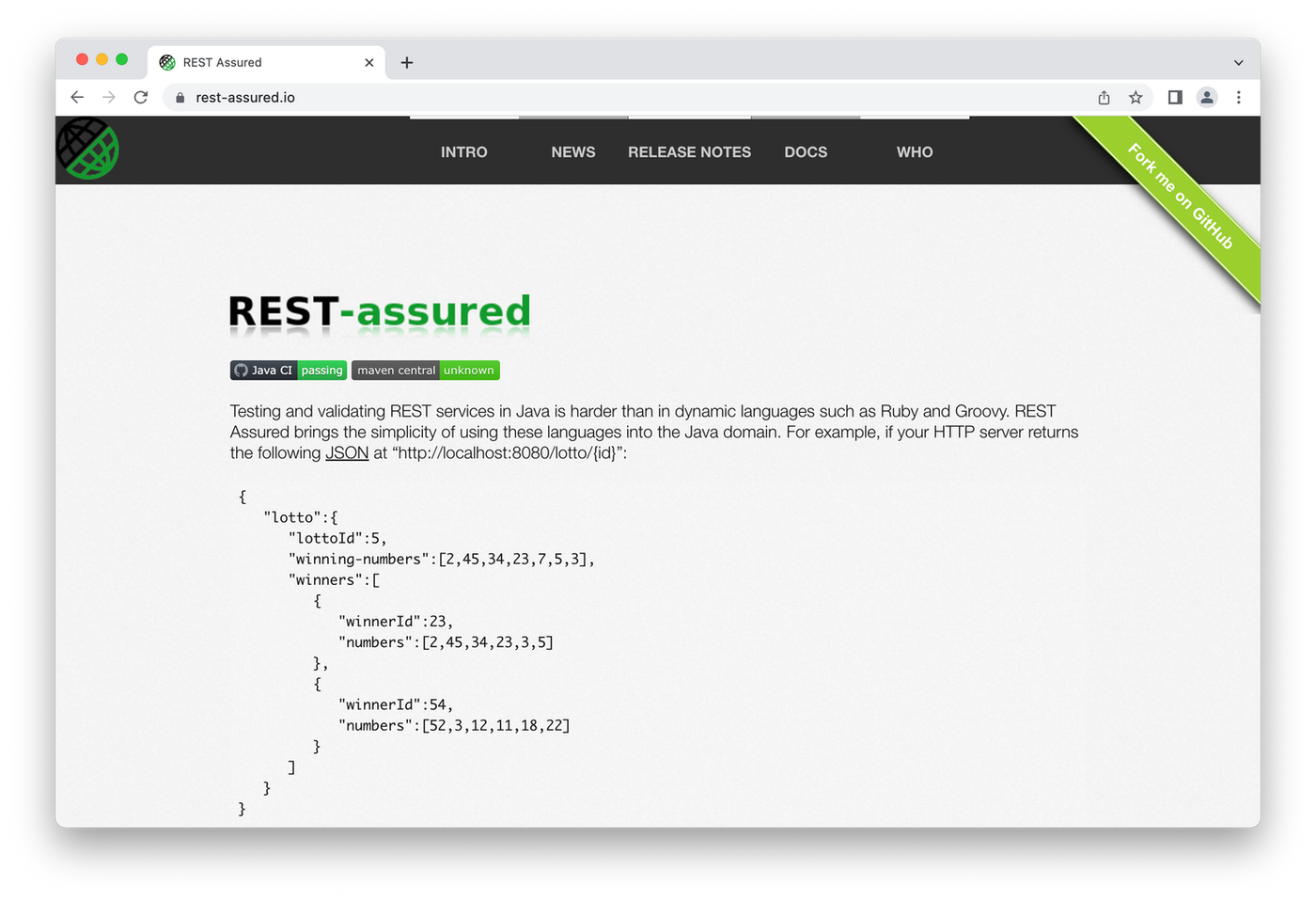 REST-assured homepage, green and black lettering on white background