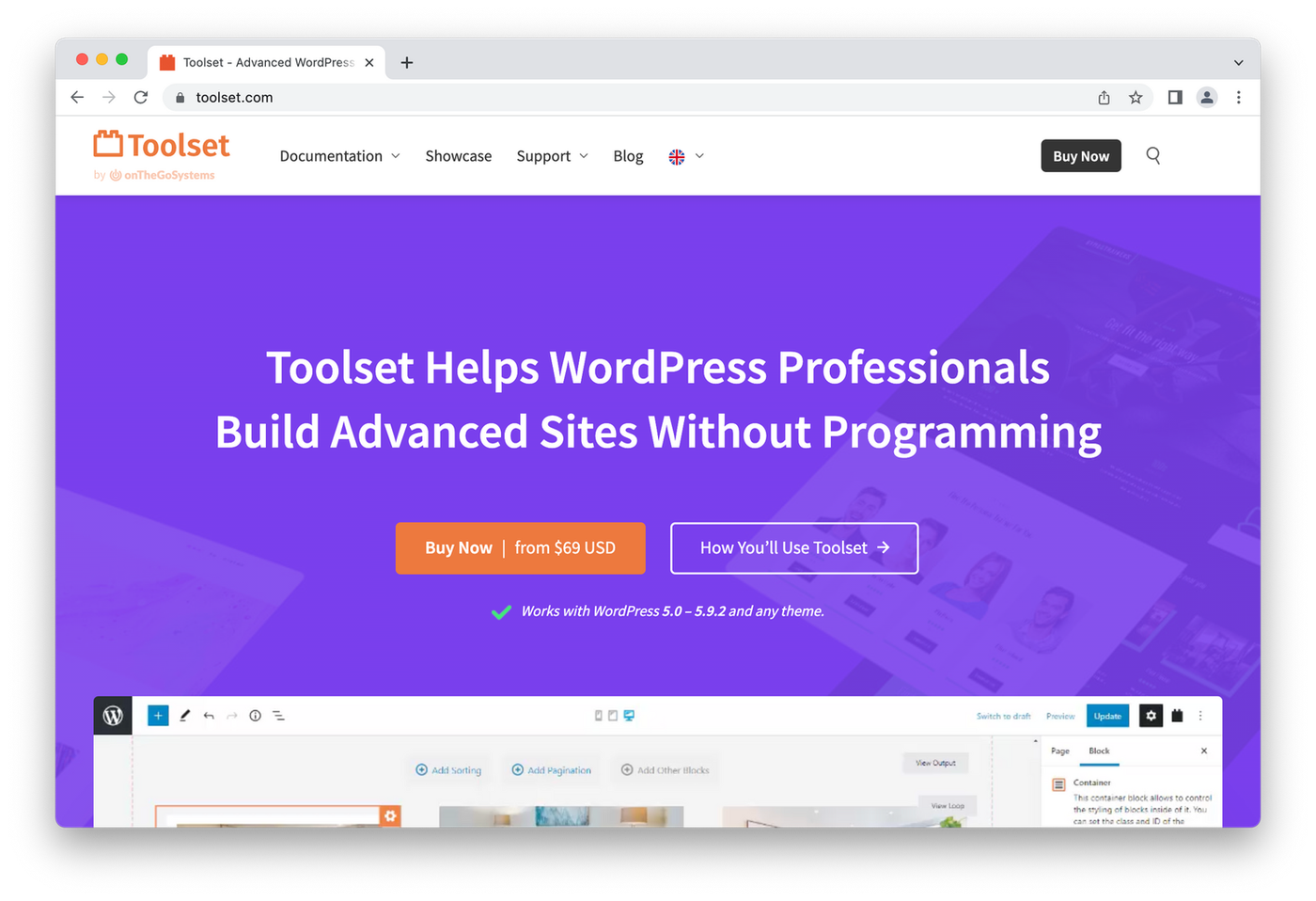 Toolset homepage, white and orange lettering on purple background