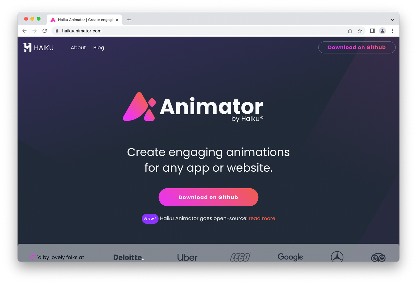 Animator by Haiku homepage, pink logo on black background