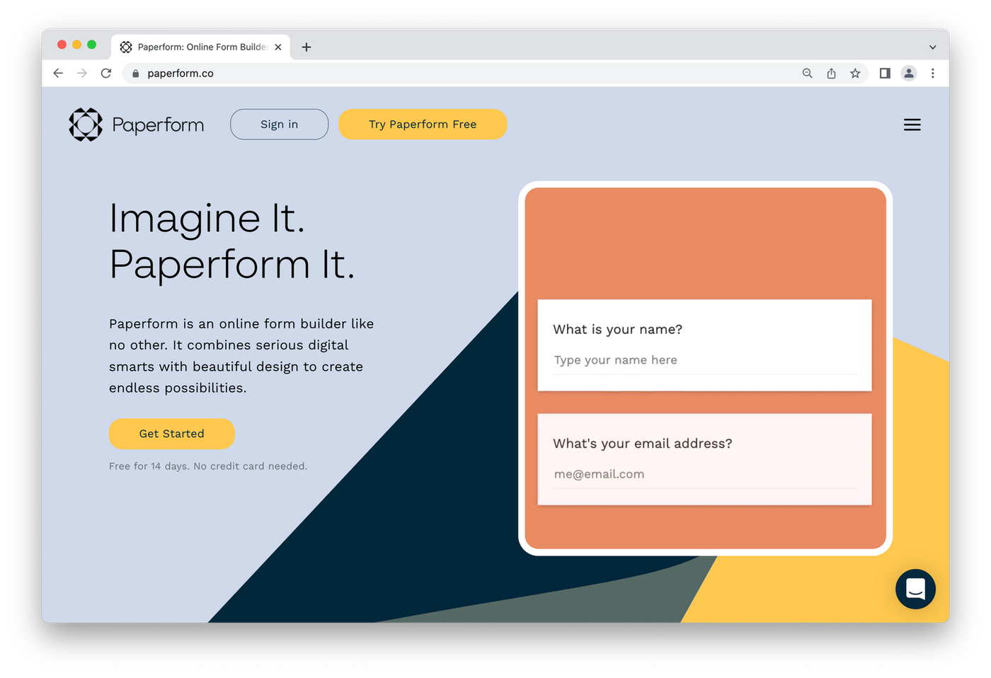 Paperform homepage, blue and orange geometric design