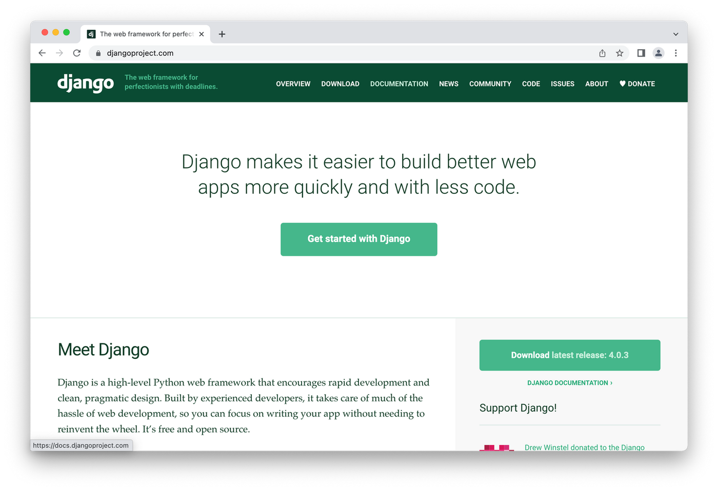 Django homepage, green font on white background