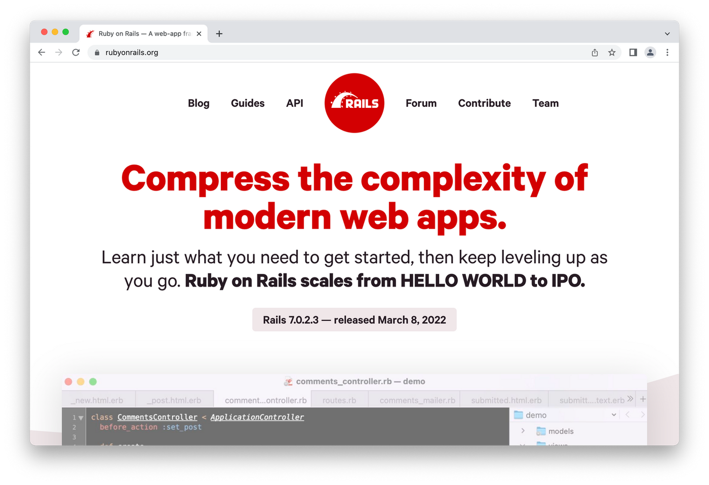 Ruby on Rails homepage, red font on white background