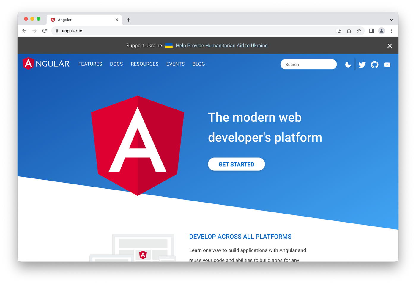 Angular home page, red A logo on blue and white background
