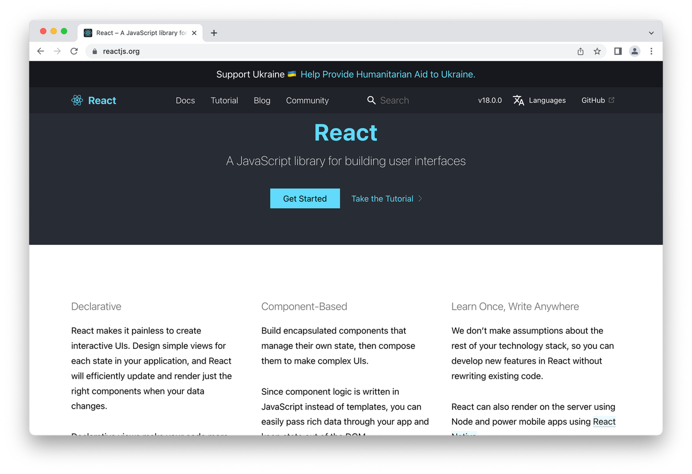React homepage, blue lettering on black and white background