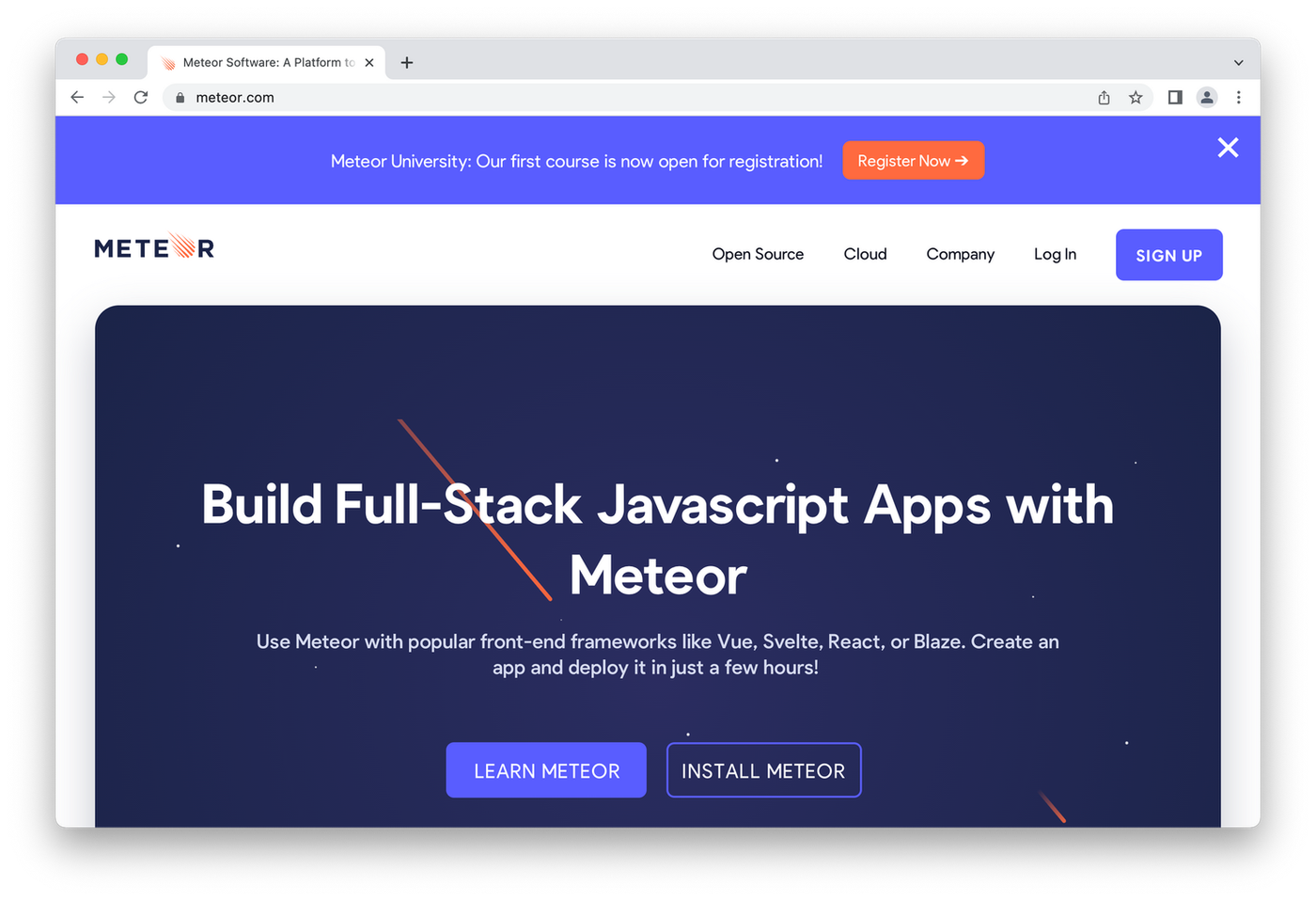 Meteor homepage, astroids over black background