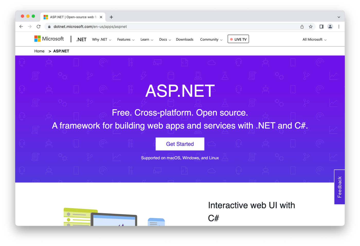 ASP.NET's homepage, purple background with white lettering