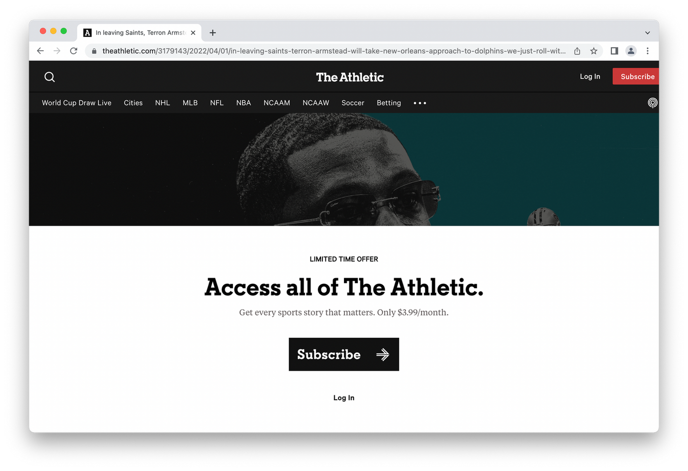 Blocked access/subscription pop up in story on The Athletic